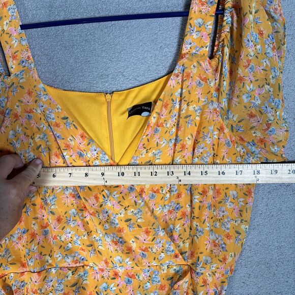 Maison Tara Womens Size 14 Cold Shoulder Maxi Dress Chiffon Yellow Belted Ruffle - Picture 4 of 12